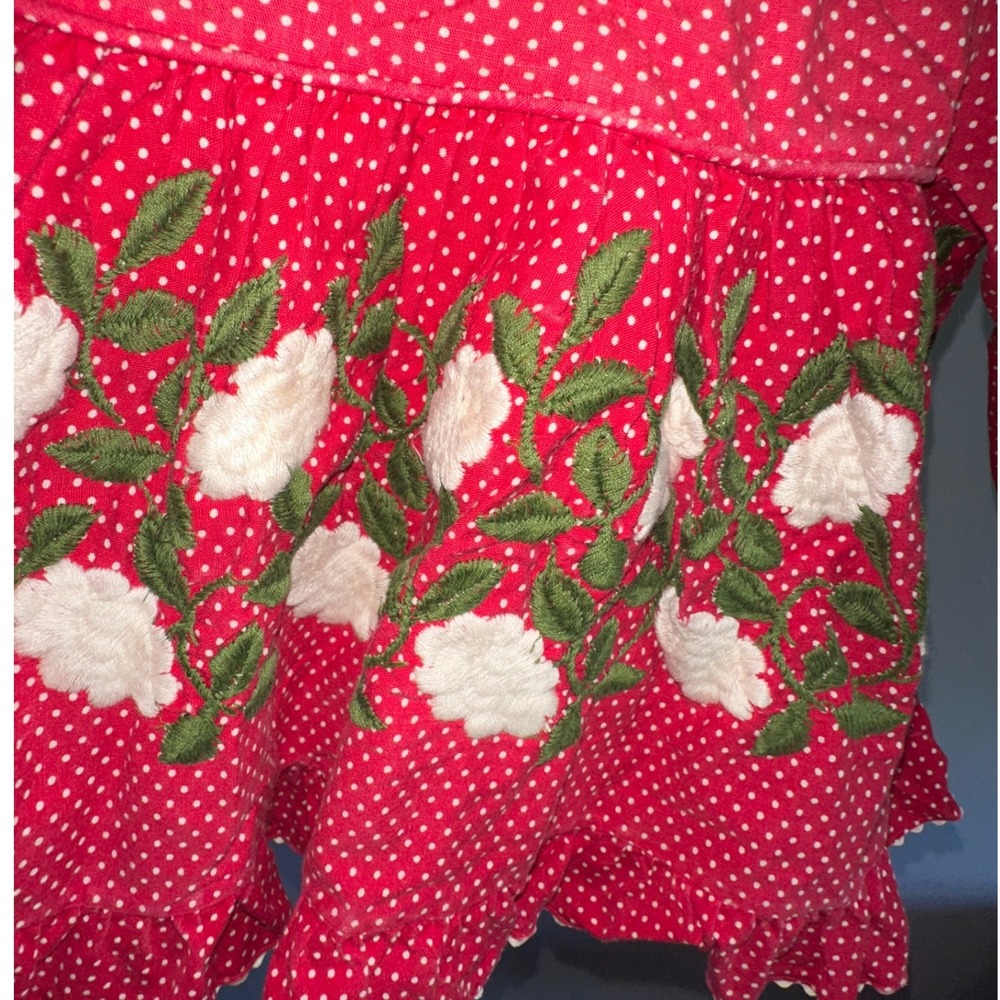 Vintage‎ Red Polka Dot Dress Embroidered Floral Ruffle Hem Girls Toddler - Picture 3 of 4